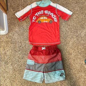 Laguna Red and Blue Swim Trunks & matching rashguard set